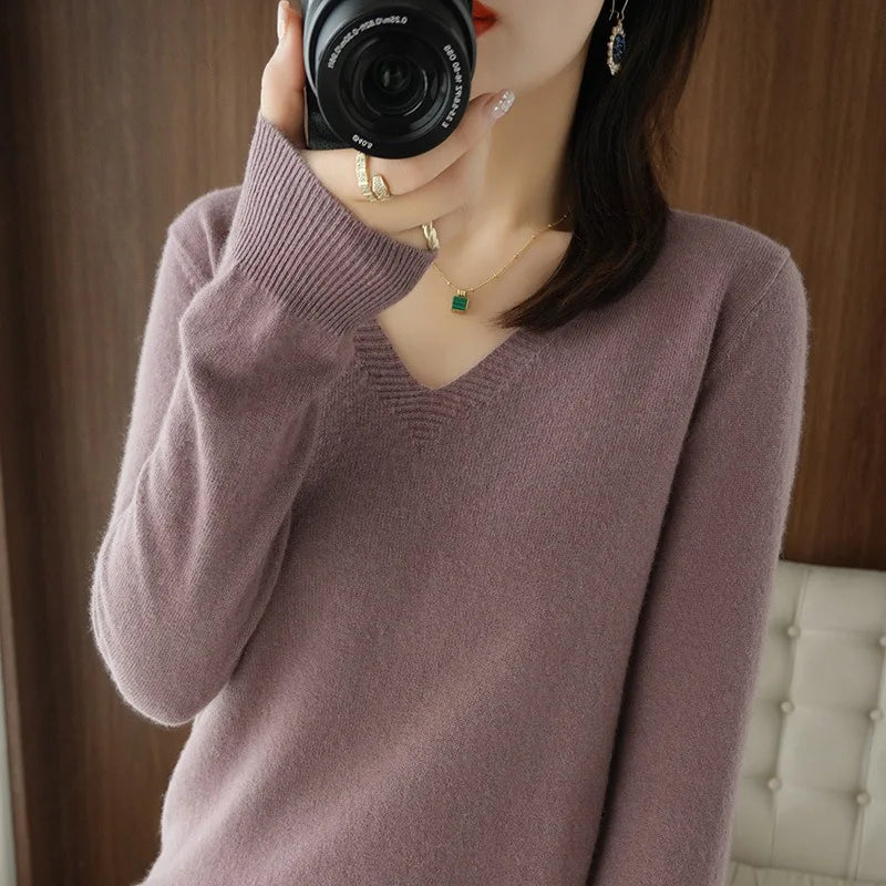 Women's Sweater Autumn Winter Knitted Pullovers V-neck