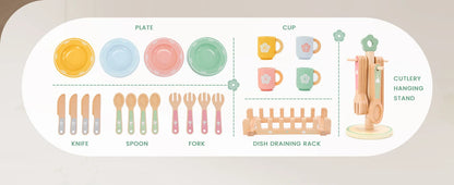 Wooden Kitchen Pretend Play Set Montessori Simulation Plates