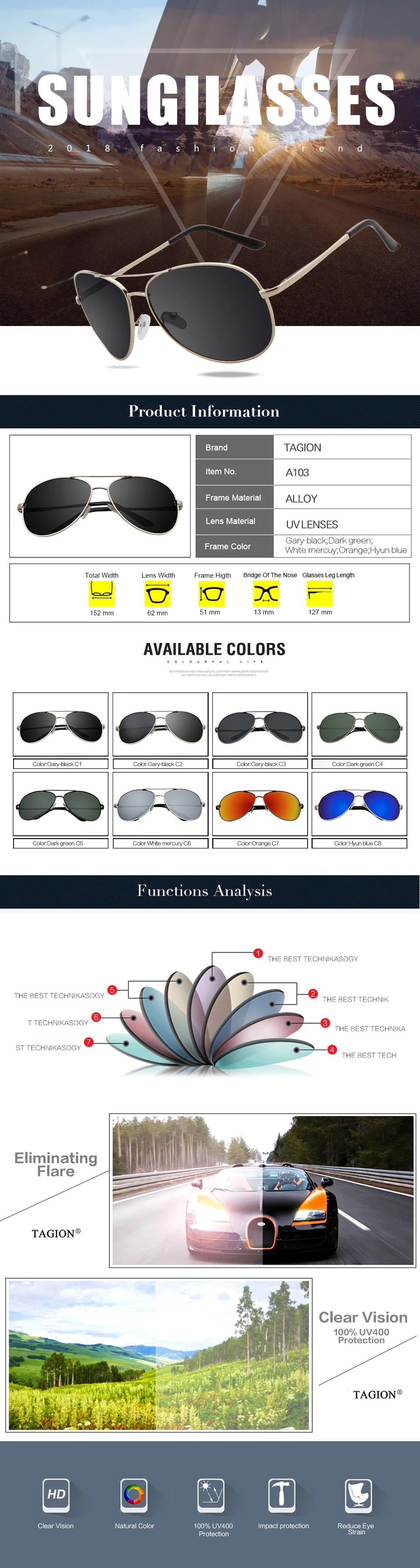 Classic Pilot Sunglasses Men Polarized Driving Sun Glasses