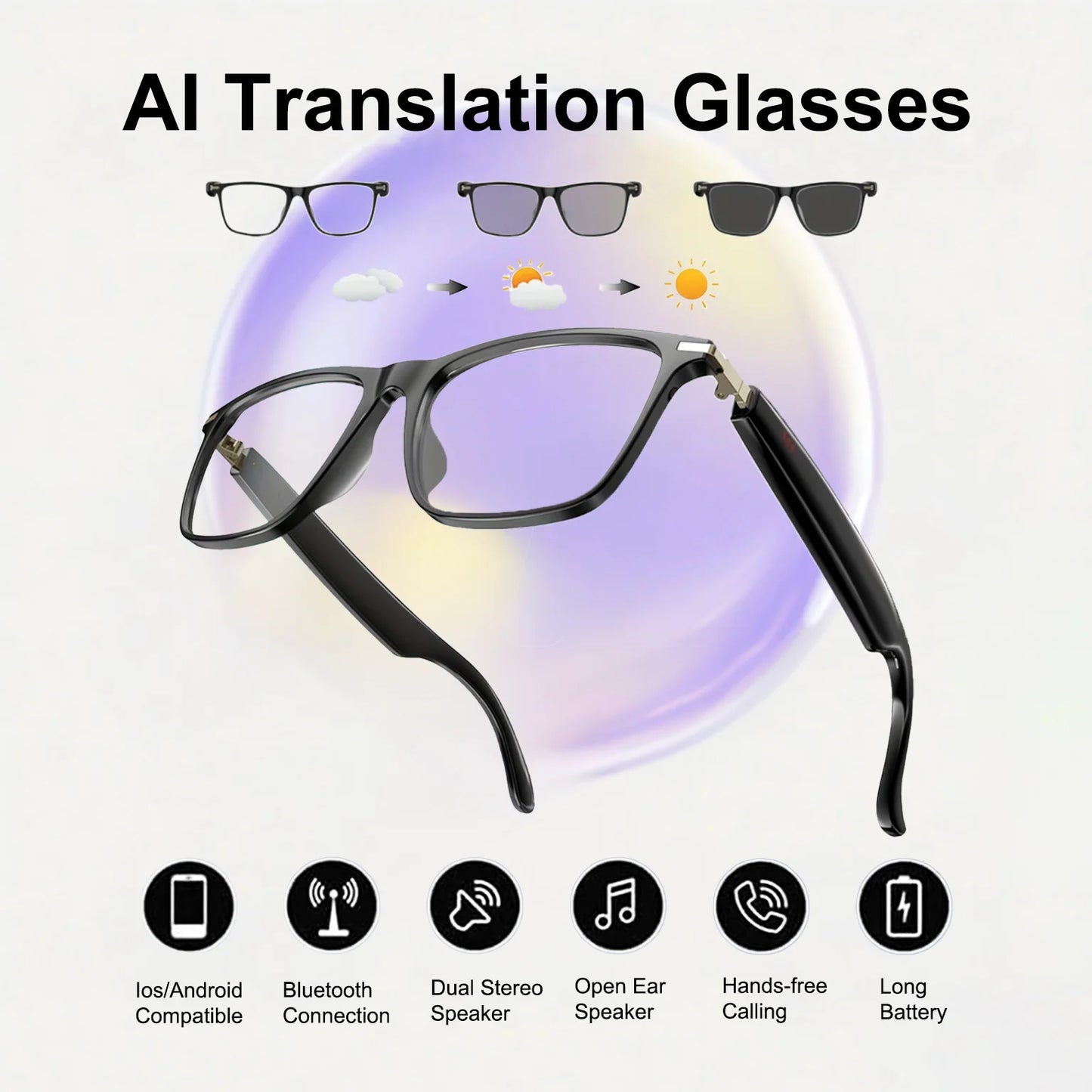 AI Translation Smart Glasses with photochromic lenses