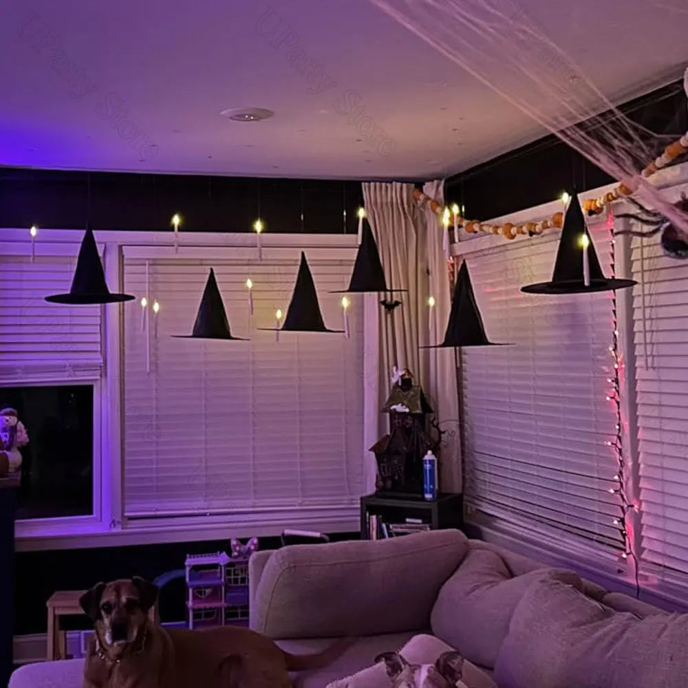 Halloween Black Witches Hats with Rope Hanging Wizard