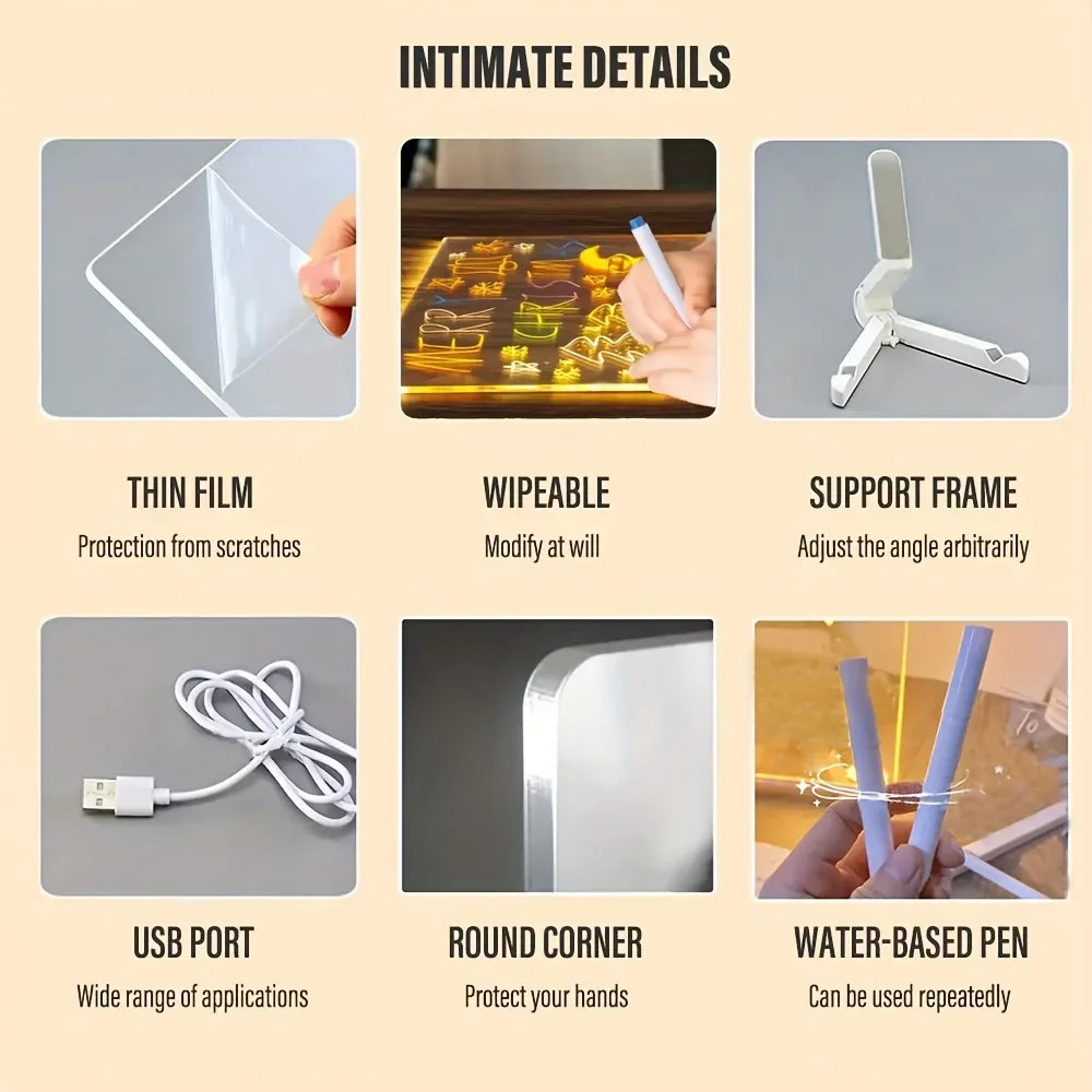 LED Note Board DIY Acrylic Night Light 7 Pens Drawing Board