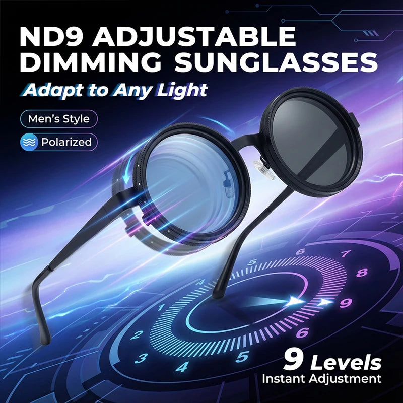 Polarized Round Steampunk ND9 Adjustable Dimming Sunglasses