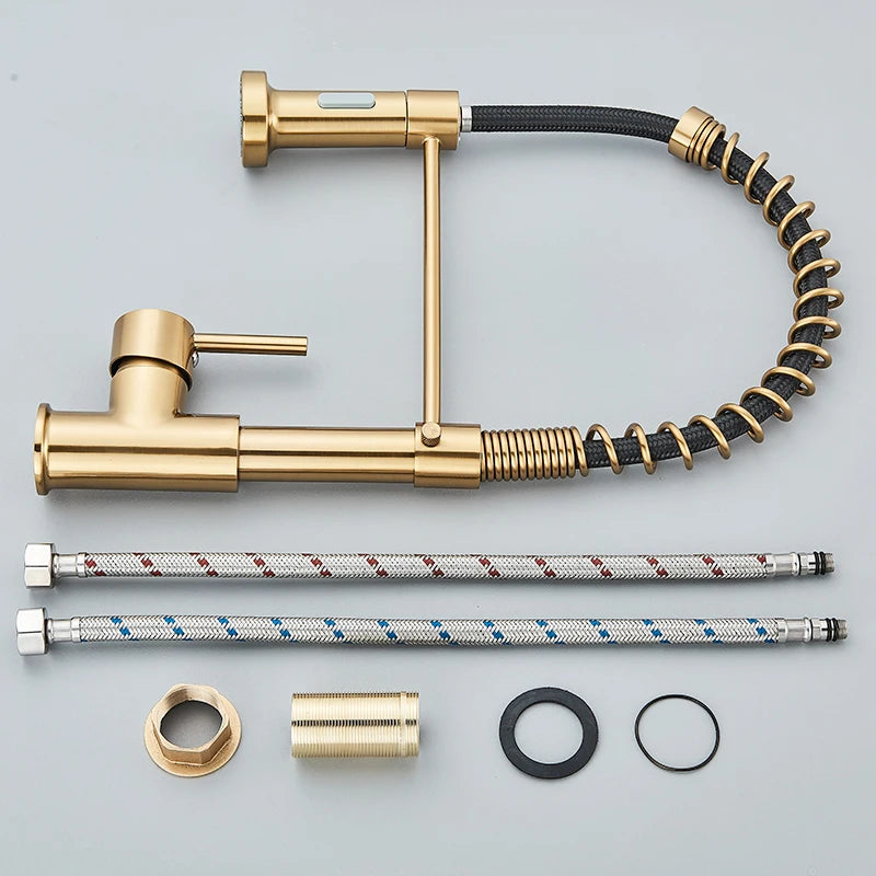 Brushed Gold Kitchen Faucet Pull Down 2-way Spray Single
