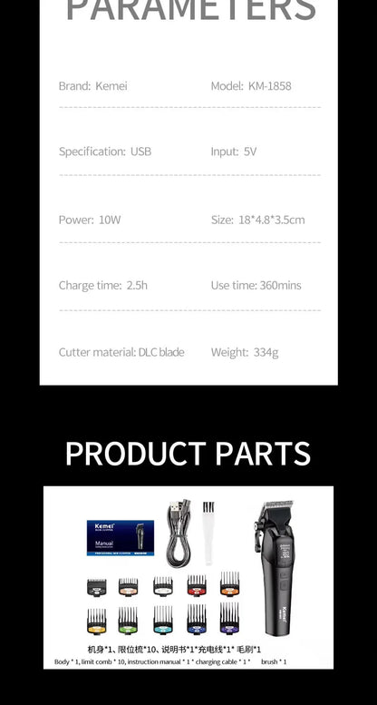 Kemei KM-1858 10W Barber Professional Electric Hair Clipper