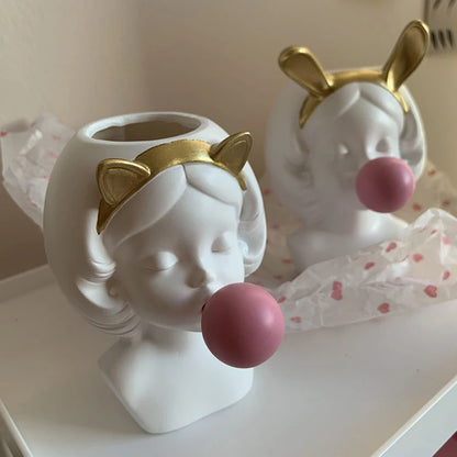 Cute Girl Bubble Gum Figurine Resin Flower Vase Decorative