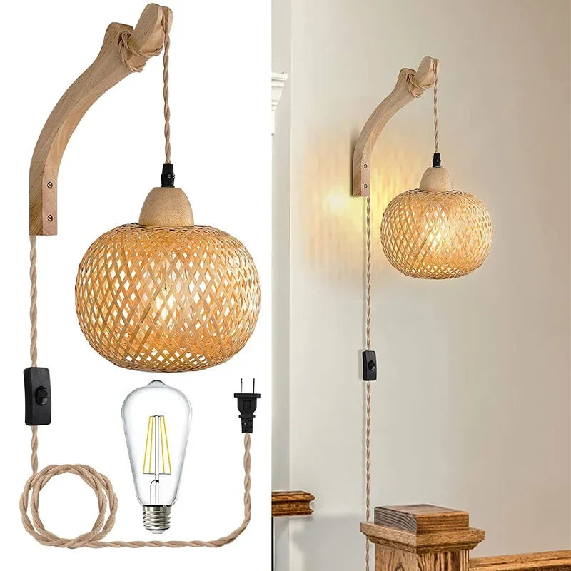 Bamboo Lantern Wall Lamp Natural Rattan Wicker E27 Chandeliers