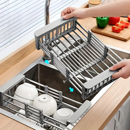 Retractable Over Sink Dish Rack Stainless Steel