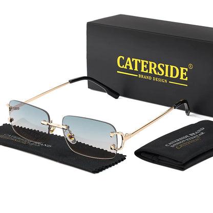 Blue Rectangular Sunglasses Men Rimless Metal Fashion