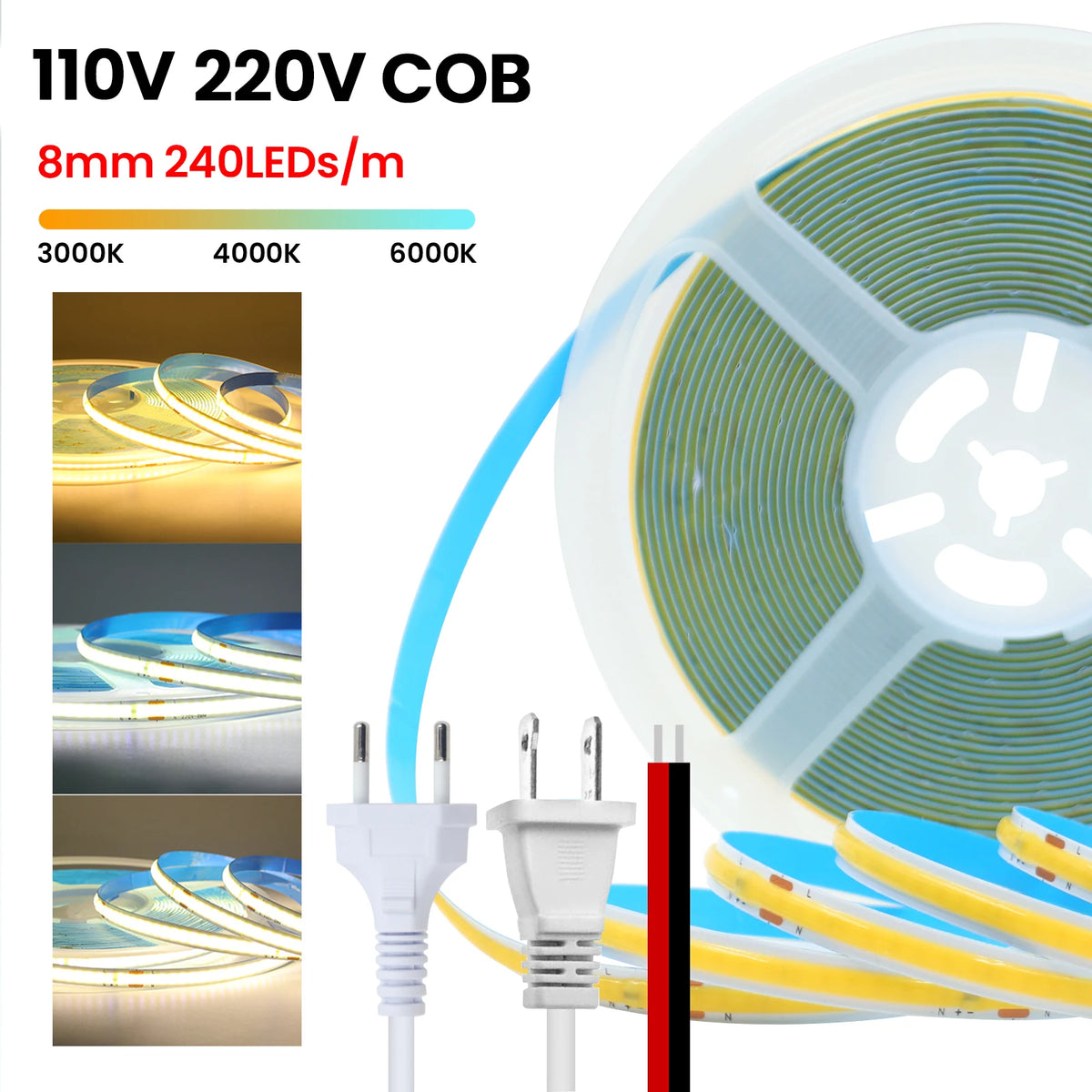 220V 110V 5m-20m COB LED Strip Light Lighting Flexible