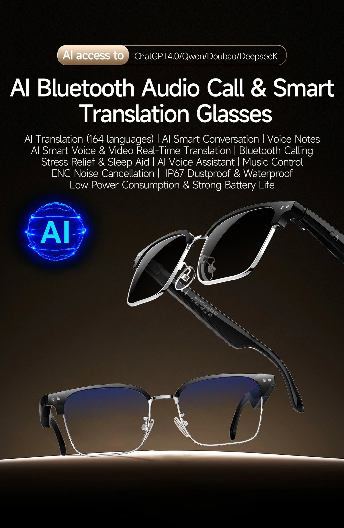 New Business Style Smart Glasses W100D Bluetooth Call AI