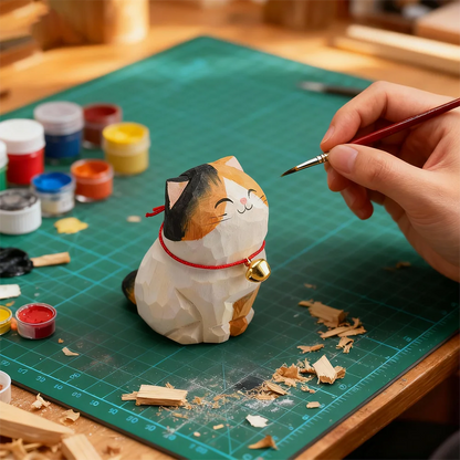 Cute Cat Animals Figurine Decorative Wooden Ornament