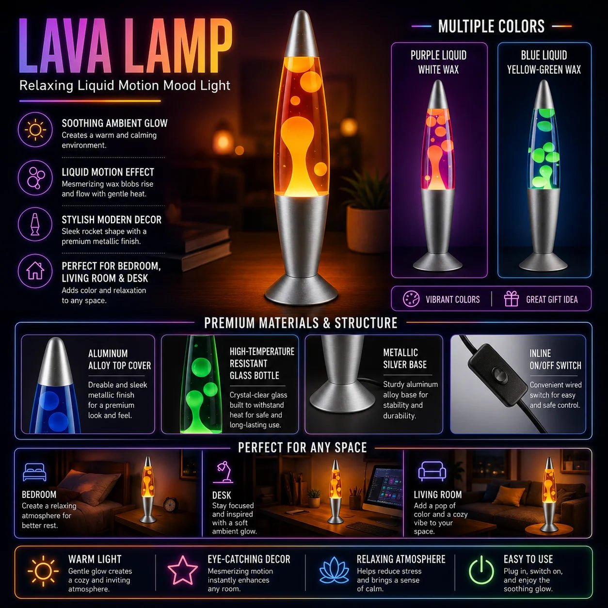 Lava Lamp 25W LED Volcano Night Light Multicolor Changing