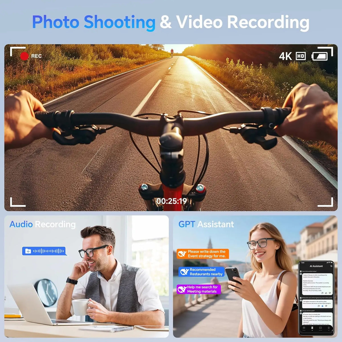 New Smart AI Glasses 1080P HD Video Record Camera ChatGPT