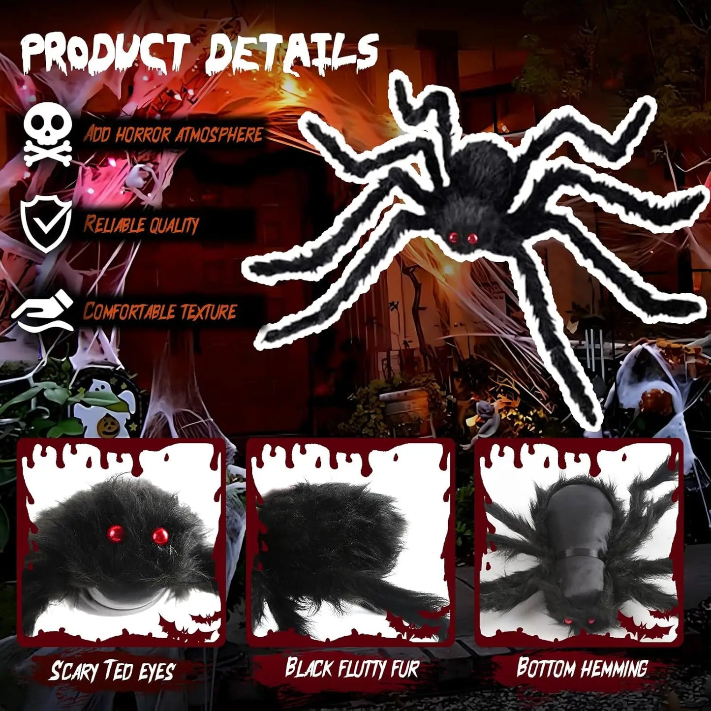 Giant Black Plush Spider Halloween Decoration Props