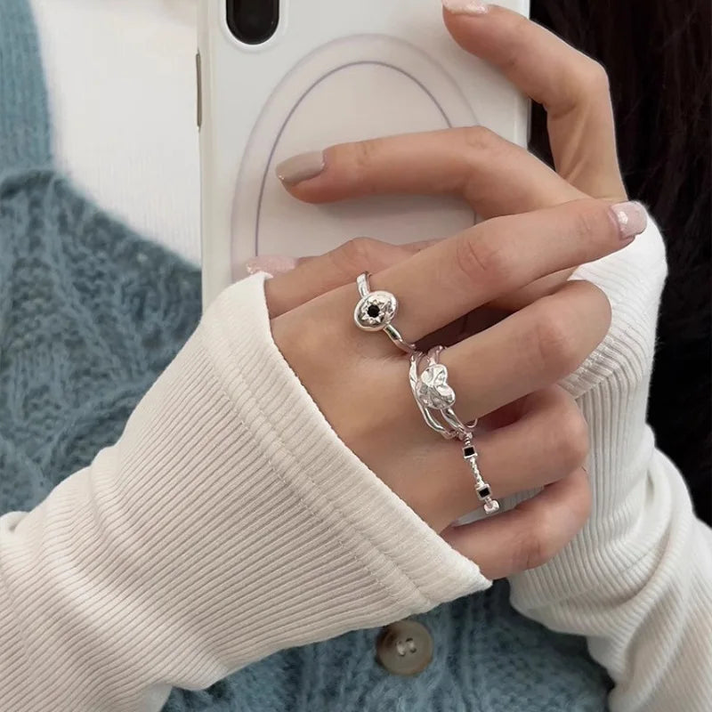 VENTFILLE 925 Sterling Silver Finger Rings Hollow Chain