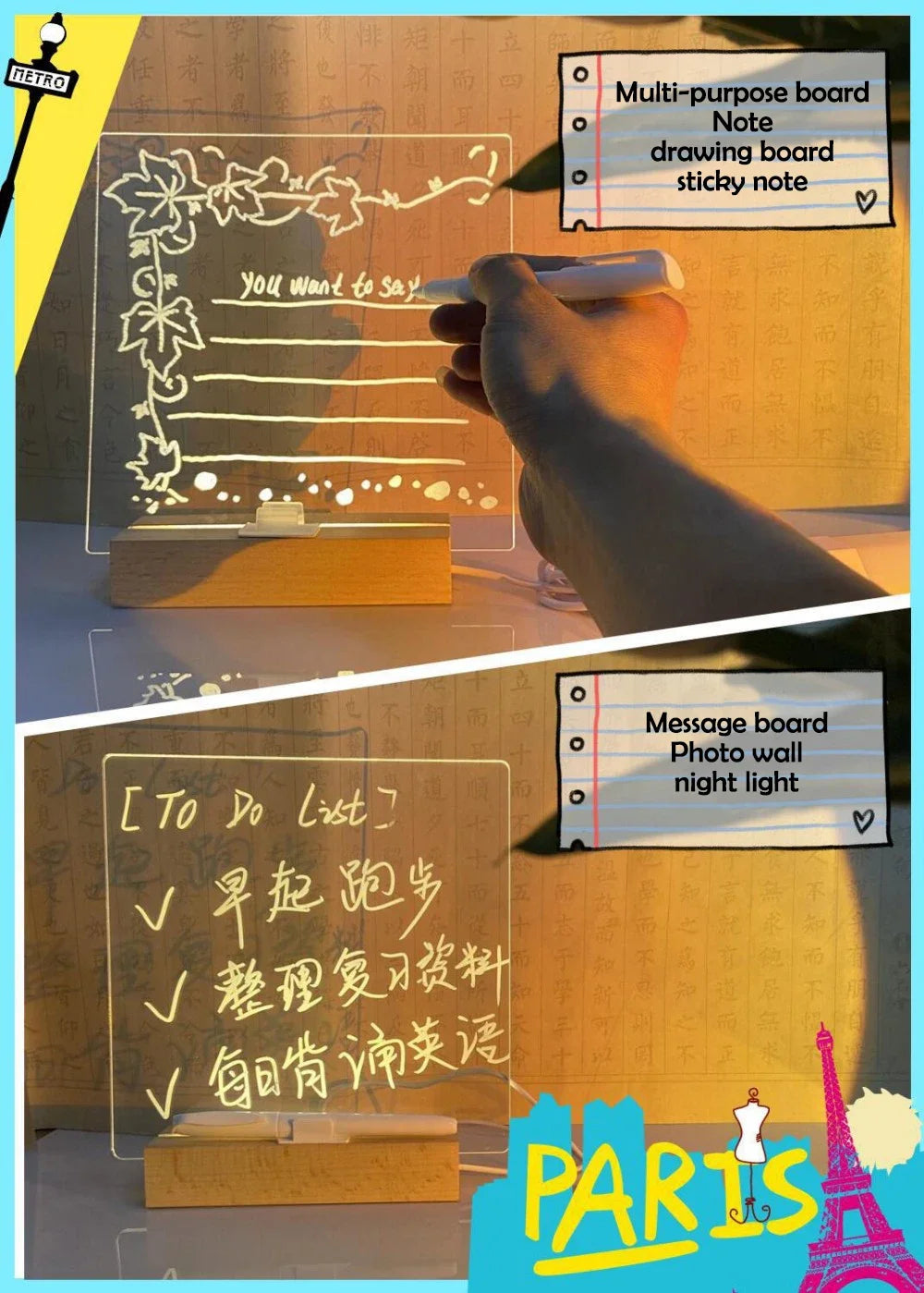 LED Note Board DIY Acrylic Night Light 7 Pens Drawing Board