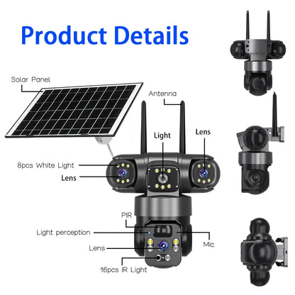 15MP 8K Wifi IP Camera Solar Outdoor Waterproof Three Lenses