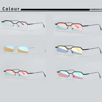 Retro Polygon Sunglasses Men Metal Semi Rimless