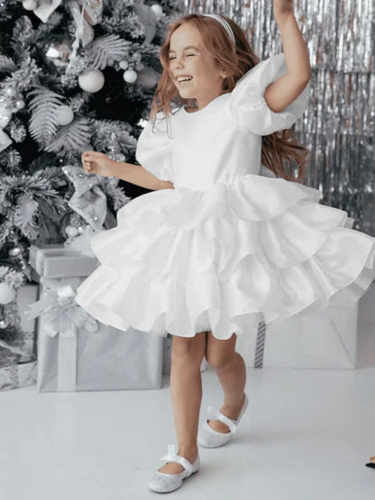Girls Creamy-white Bow Short Sleeve High-End Dress
