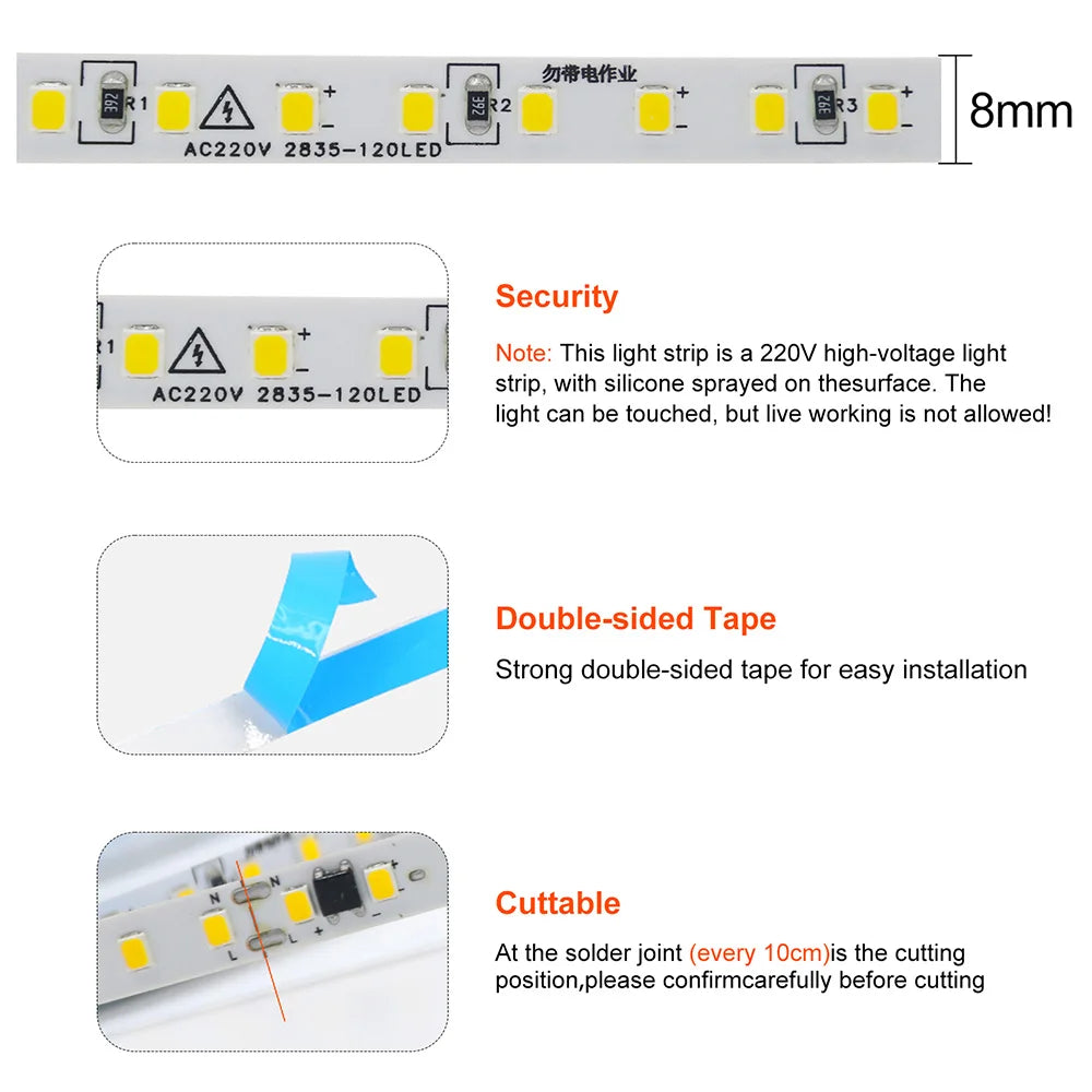 5m 10m 20m 50m LED Strip Light AC 220V 230V 240V IP55