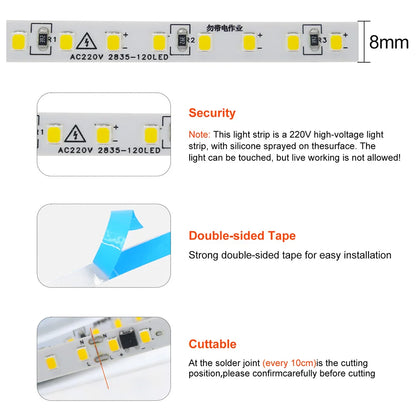 5m 10m 20m 50m LED Strip Light AC 220V 230V 240V IP55