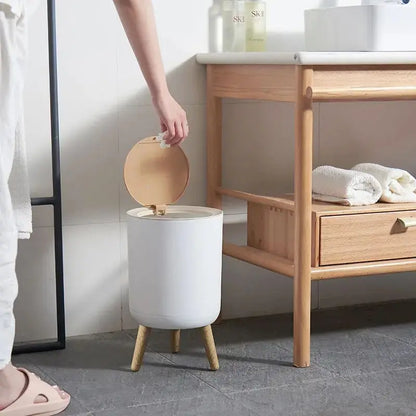 7L Round Wood Grain Trash Can Press Type Garbage Can