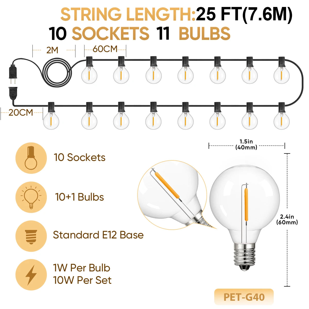 Shatterproof Outdoor Lights Garland Led G40 String Light