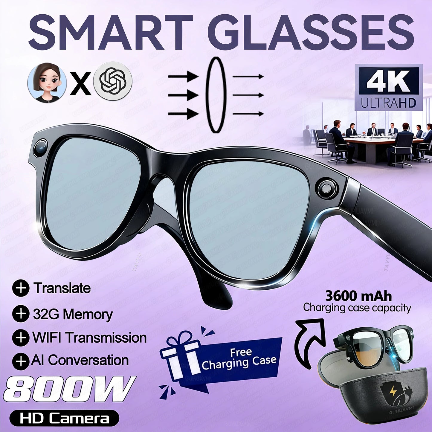 New 800W 4K HD Camera AI Smart Glasses 32G Recording