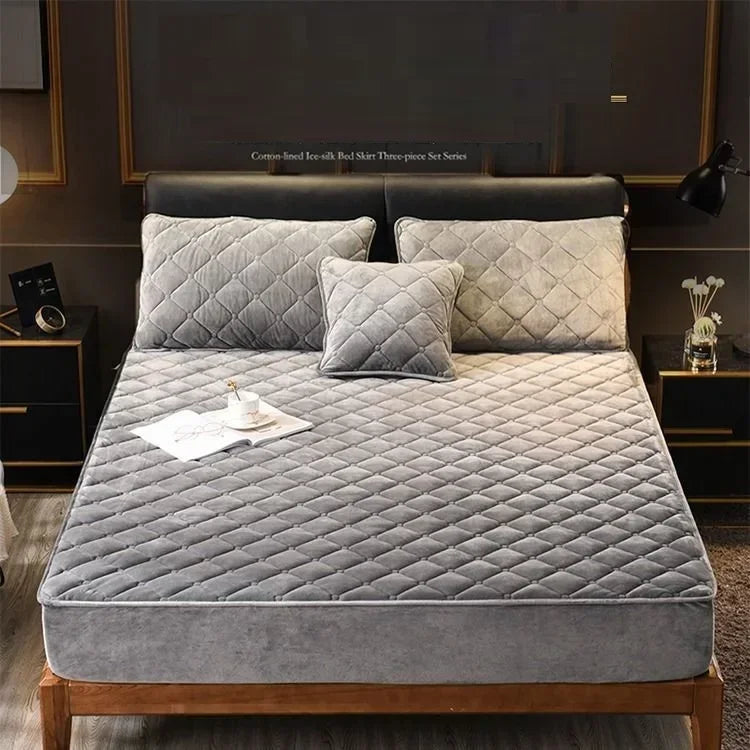 Crystal Velvet Thicken Quilted Mattress Cover Pillowcase