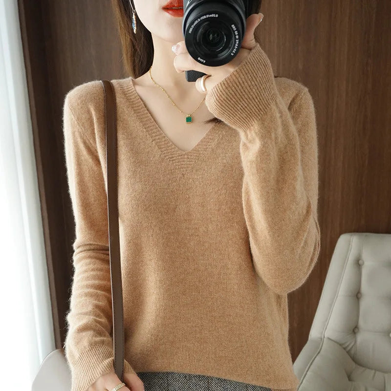 Women's Sweater Autumn Winter Knitted Pullovers V-neck