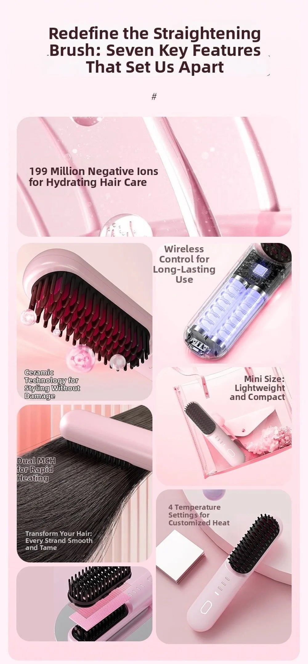 Cordless Hair Straightener Brush 4 Temp Settings Ceramic
