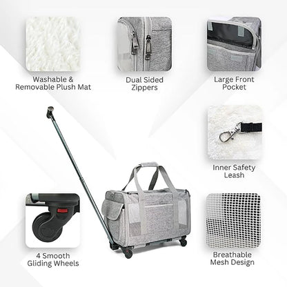 Pet Carrier with Wheels for Dogs Rolling Pet Carrier
