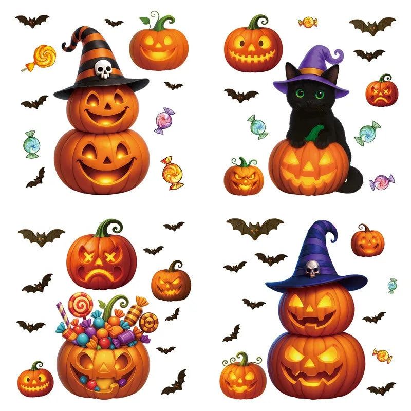 Halloween Window Glass Stickers Cartoon Pumpkin Lantern Candy Bat