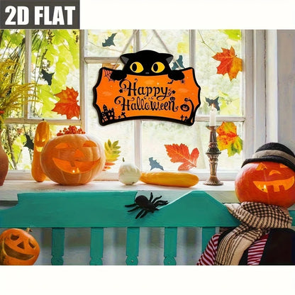Black Cat Shaped Happy Halloween Wooden Hanging Sign Pumpkin Bat