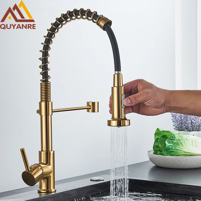Brushed Gold Kitchen Faucet Pull Down 2-way Spray Single