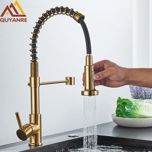 Brushed Gold Kitchen Faucet Pull Down 2-way Spray Single
