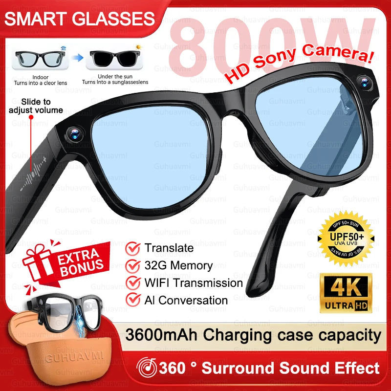 New 3600mAh Large Battery Smart Glasses 8MP HD Camera
