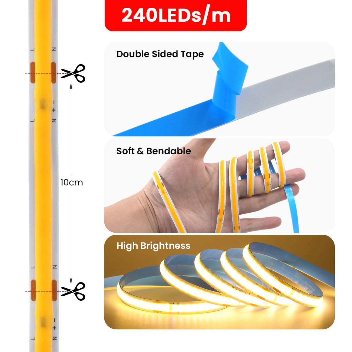 220V 110V 5m-20m COB LED Strip Light Lighting Flexible