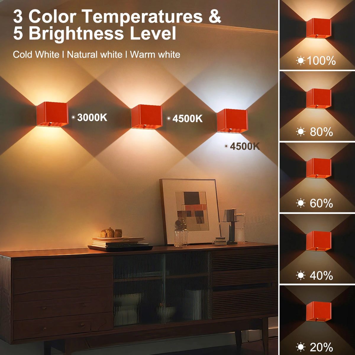 Battery-Powered Wall Light, 3 Color Temperature and Brightness Settings,