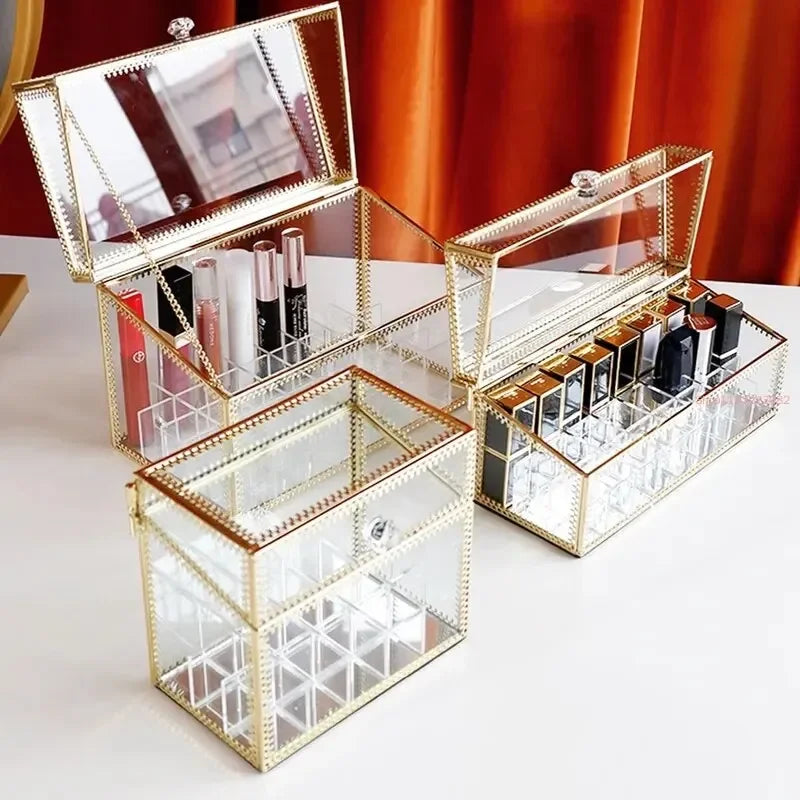 Golden Makeup Organizer Storage Box Glass Cosmetic