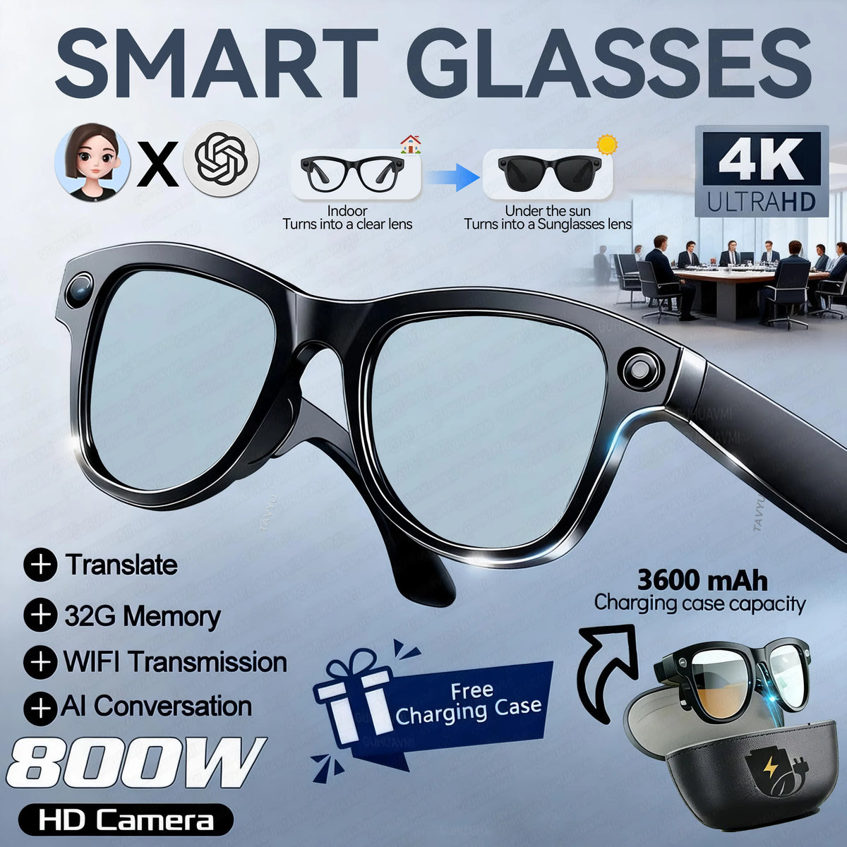 World Premiere Smart AI Glasses 4K HD 800W Pixel Camera
