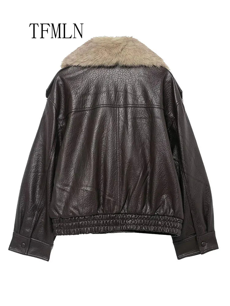 TFMLN Winter Women Loose Faux Leather Jacket