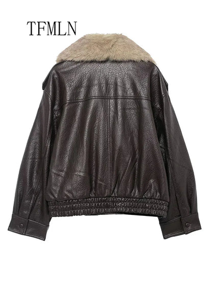 TFMLN Winter Women Loose Faux Leather Jacket