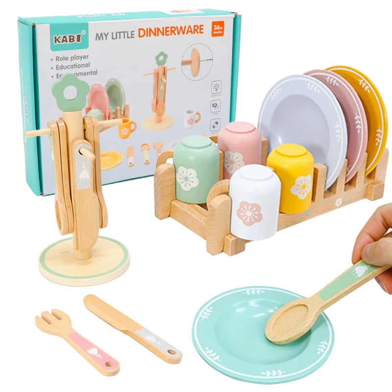 Wooden Kitchen Pretend Play Set Montessori Simulation Plates