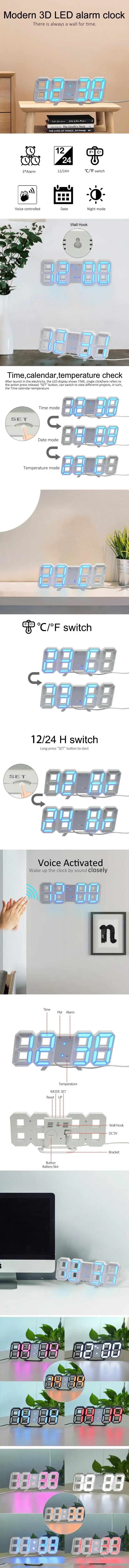 LED Digital Alarm Clock Wall Hanging With 3D Display