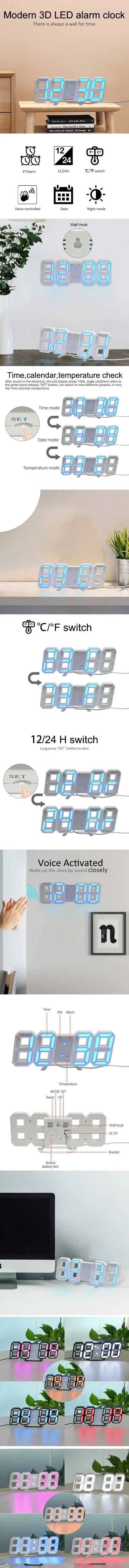 LED Digital Alarm Clock Wall Hanging With 3D Display