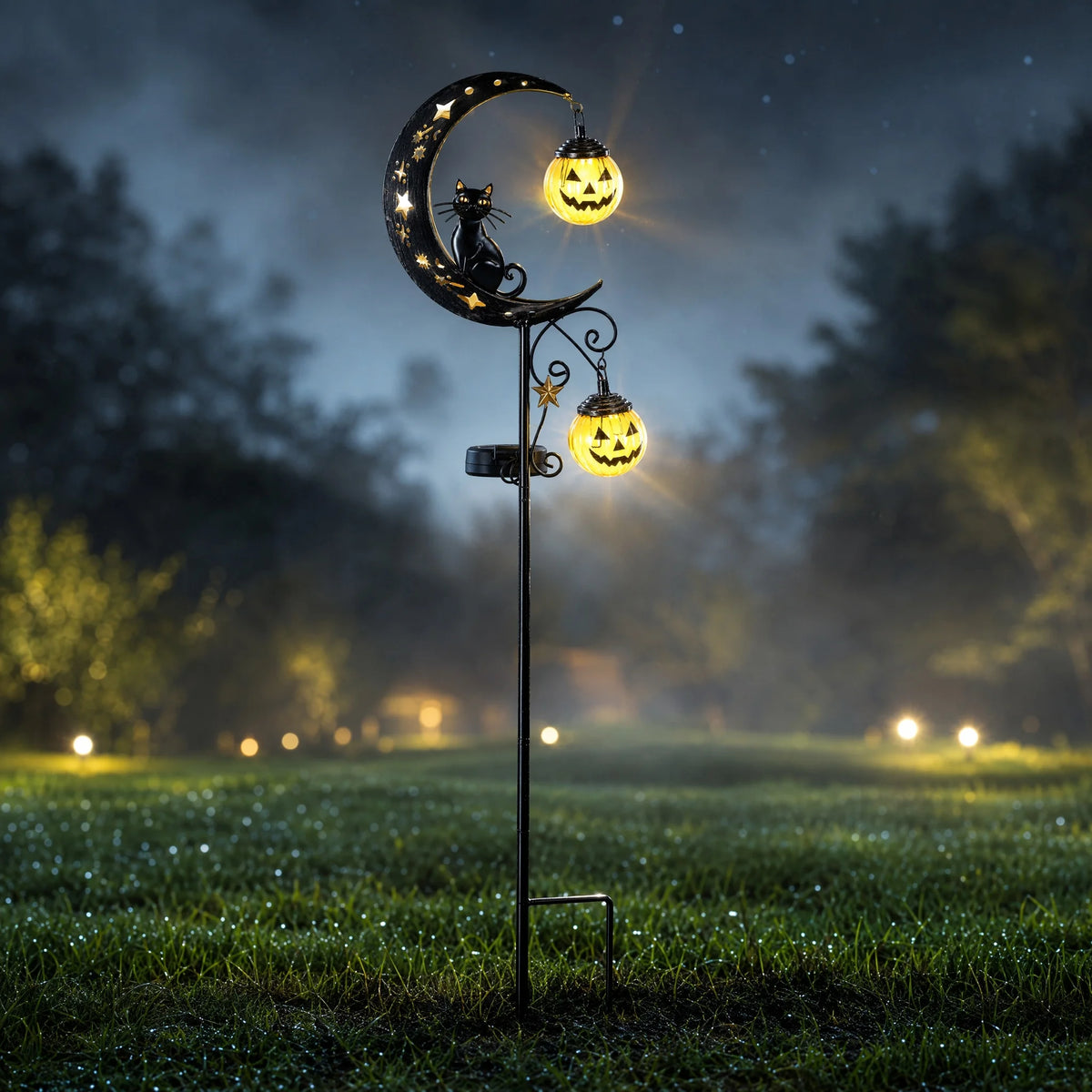 Halloween Solar Garden Stake Light Black Cat On Moon