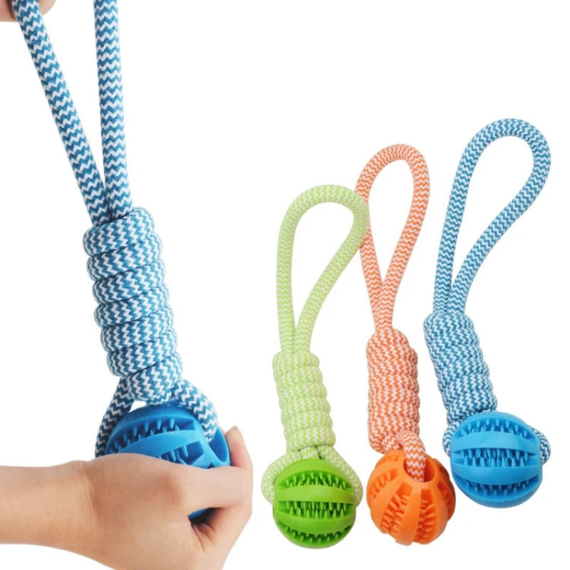 Pet Tooth Cleaning Pet Ball Toy with Rope Rubber Leaking Balls