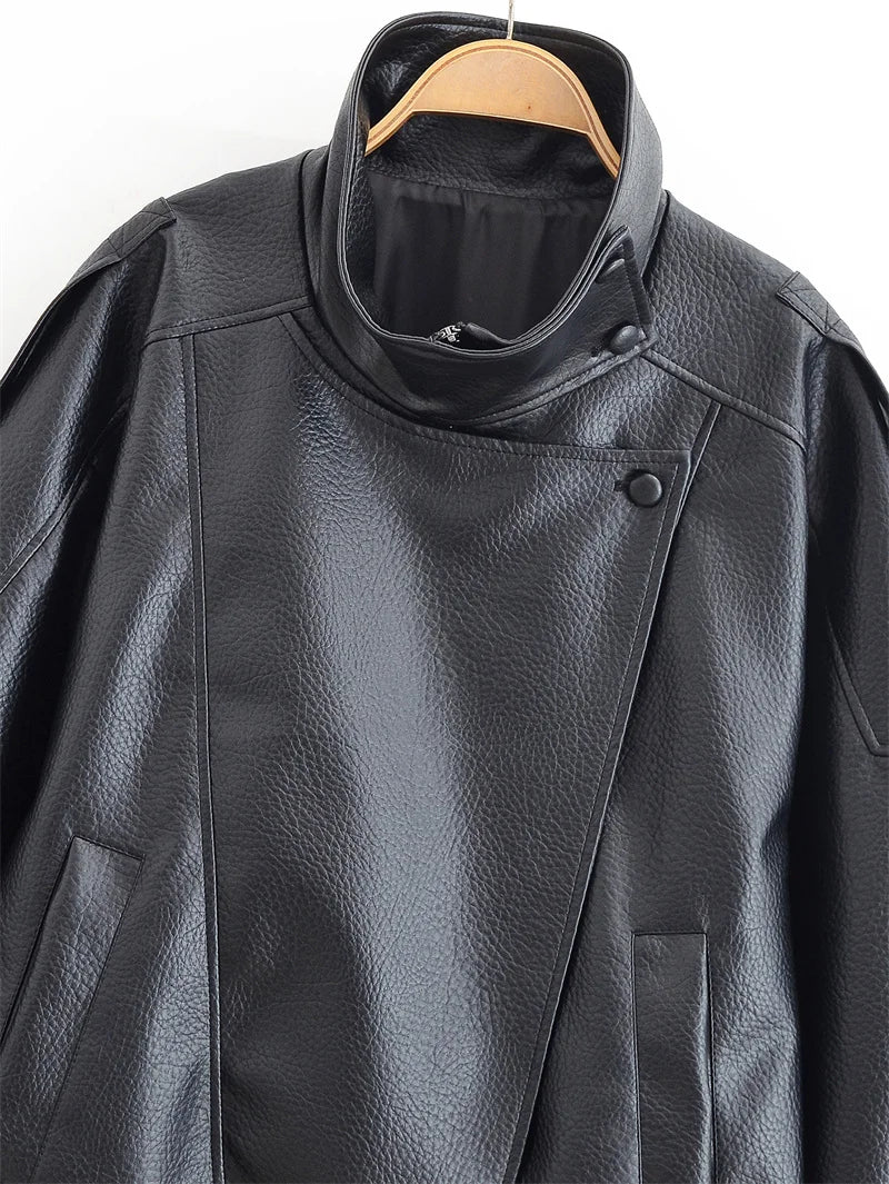 Women's Jacket Fall New Black Long Sleeve Pebble Faux